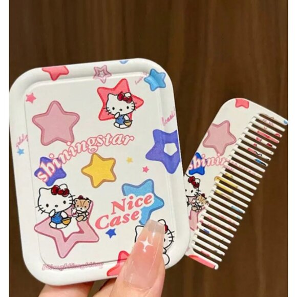 Hello Kitty Portable Folding Makeup Mirror & Comb Set – Compact Travel Beauty - Picture 1 of 4